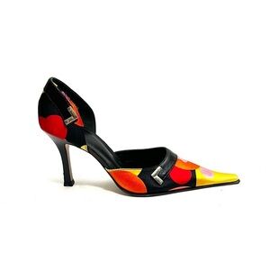 Vintage Y2K multicolor satin fabric extreme pointed toe d’Orsay heels